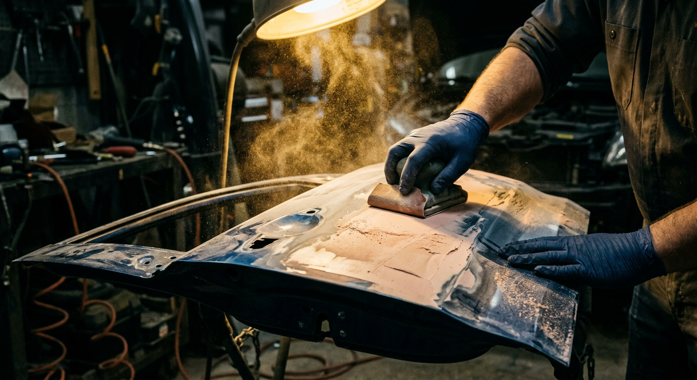 Technician shaping and sanding a damaged door panel