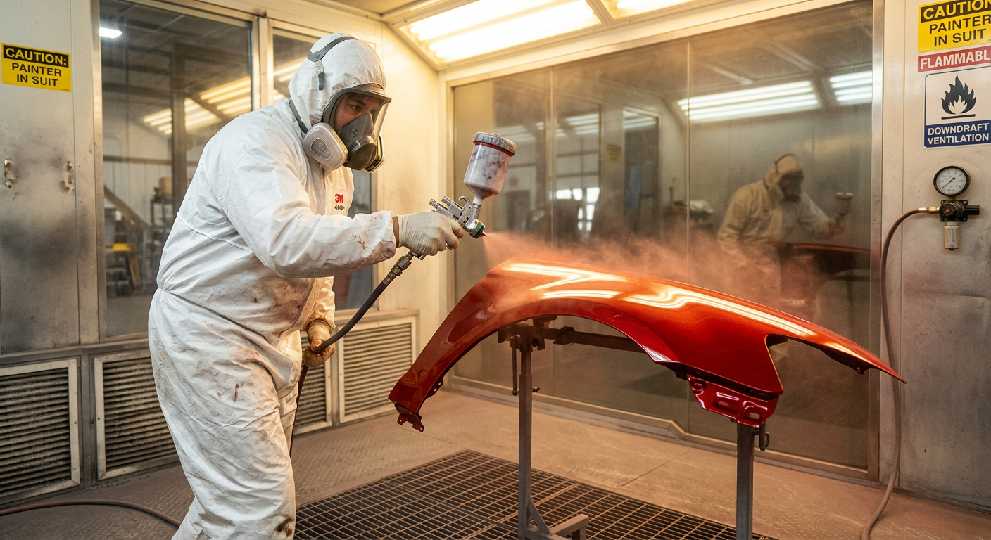 Painter refinishing a car fender inside a paint booth