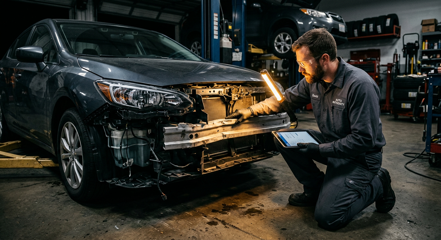 Technician assessing front-end collision damage on a sedan in Danvers, MA