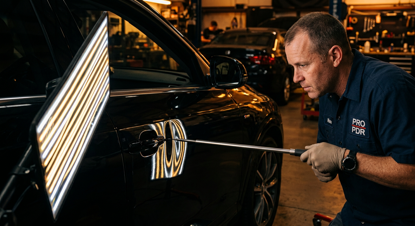 Dent repair on a black car door using a reflection board