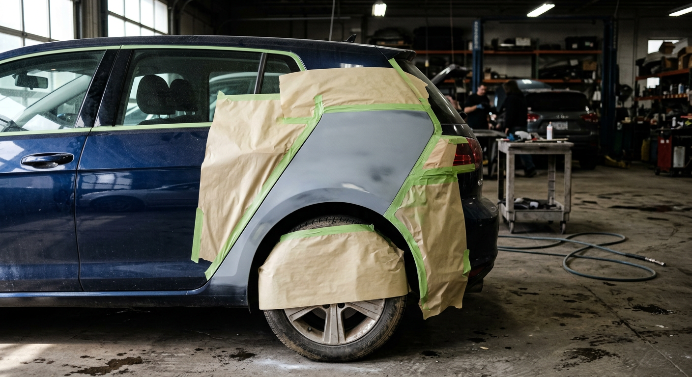 Masked quarter panel with primed repair area