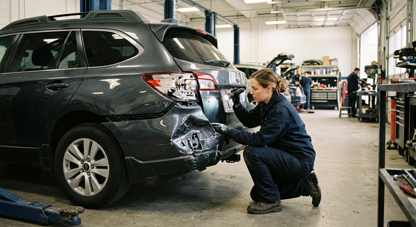Inspecting rear bumper and tail light damage after a rear-end collision