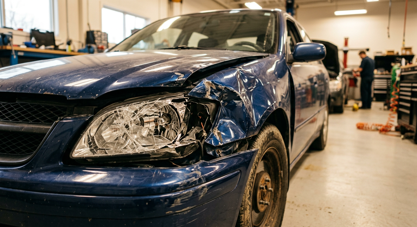 Crumpled fender and cracked headlight after a collision