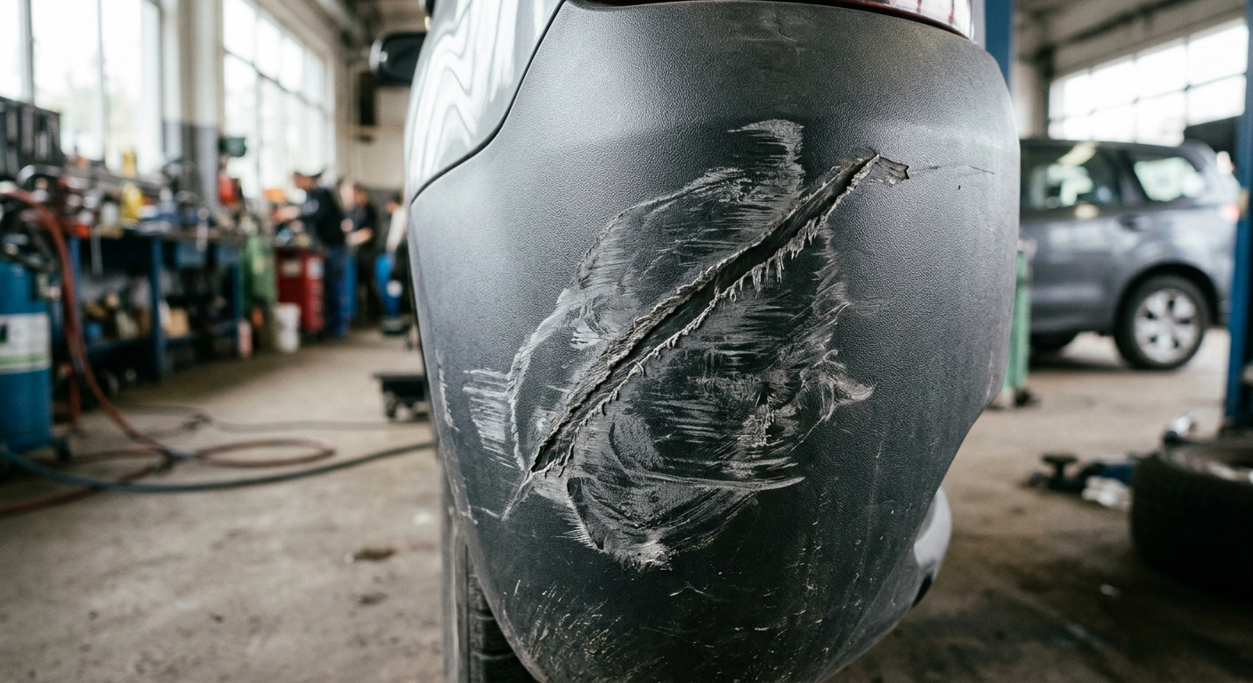 Scratches and scuffs on a dark gray bumper corner