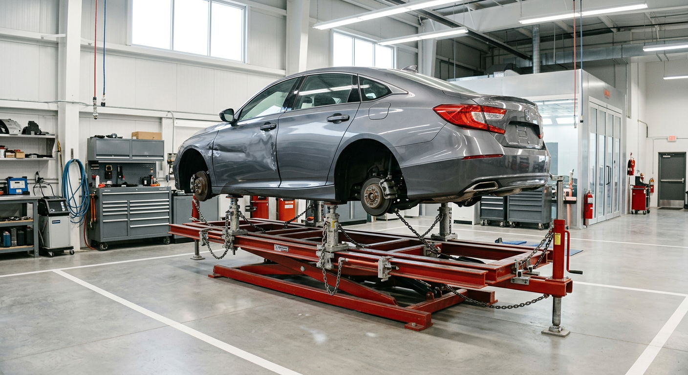 Gray sedan raised on a frame straightening machine