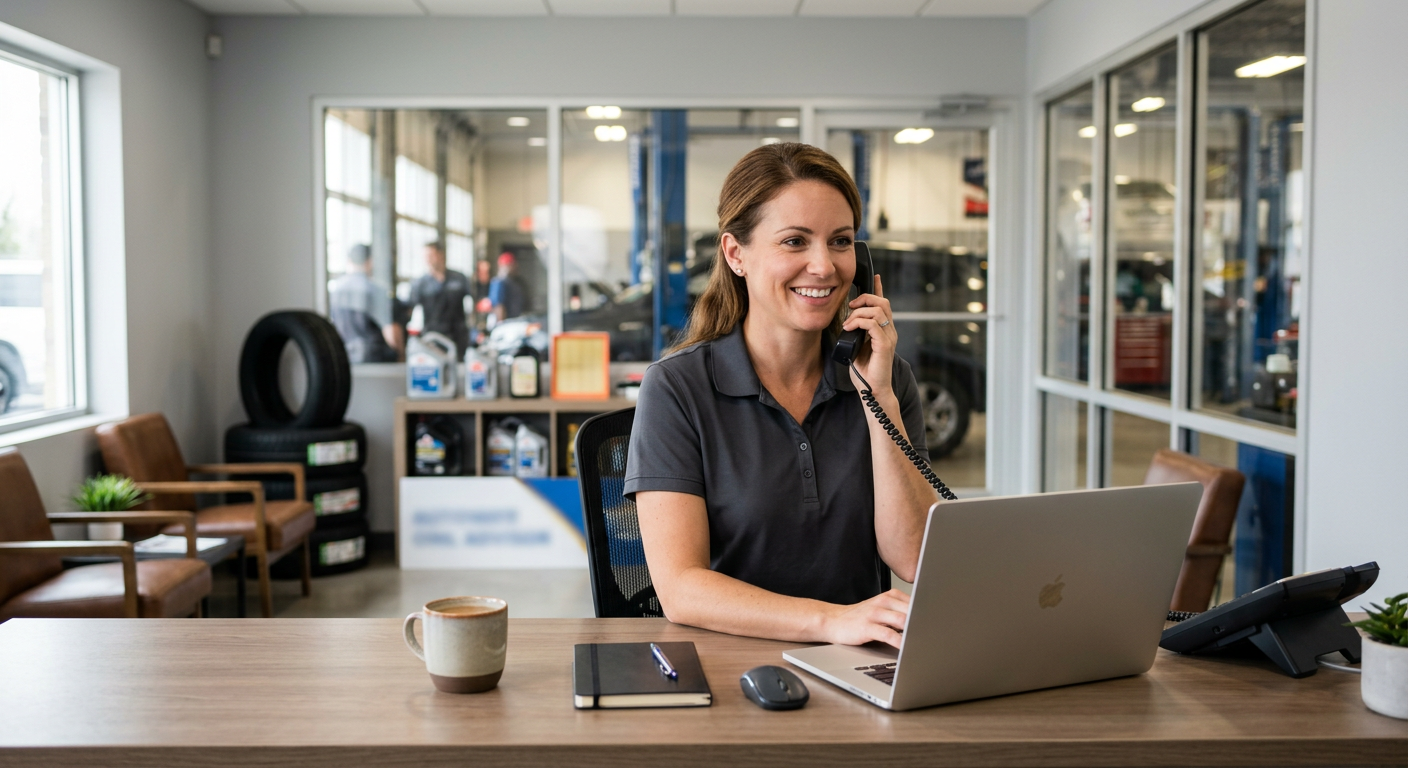 Service advisor on the phone at the collision center front desk