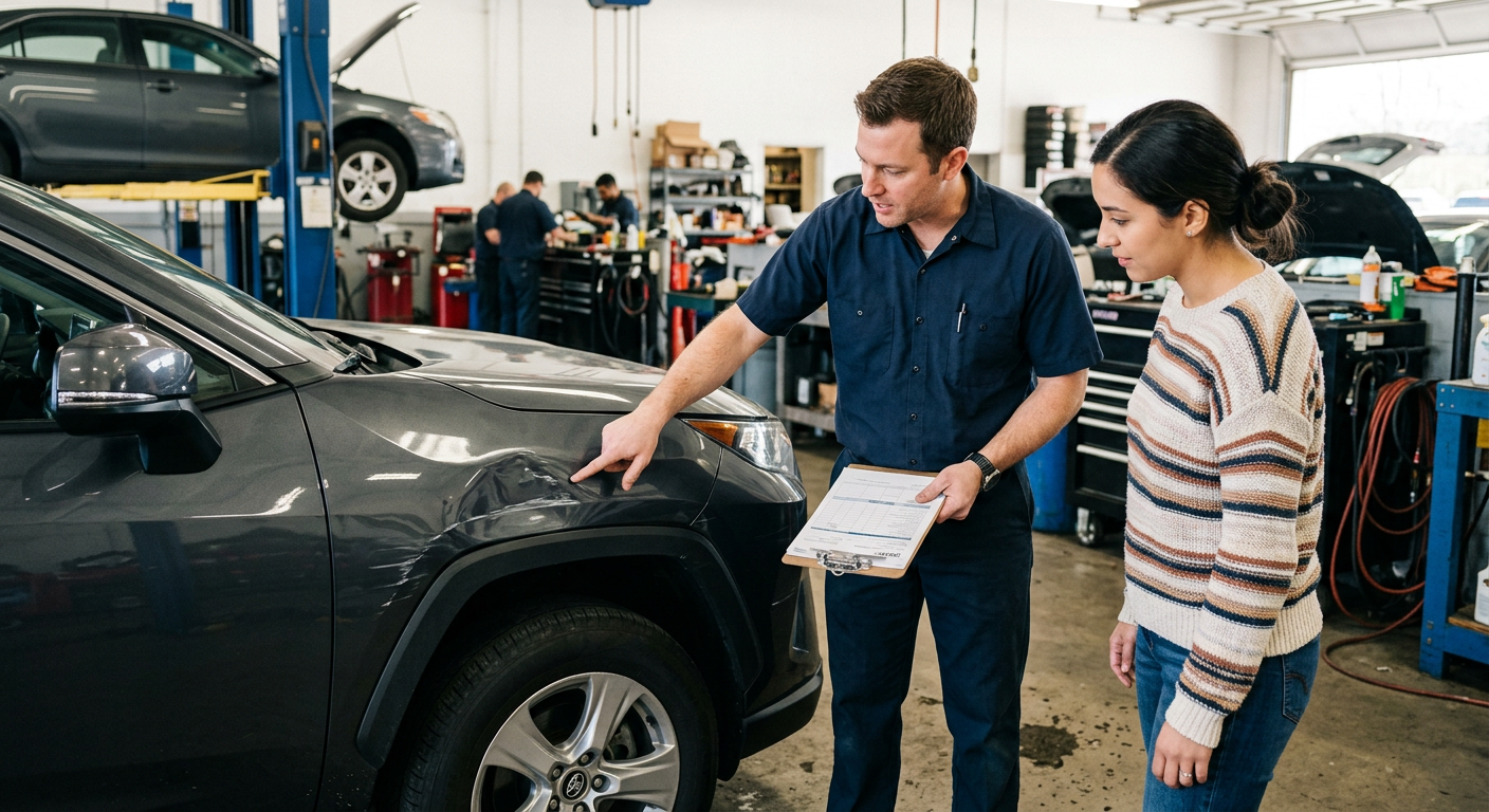 Explaining repair details to a customer beside a damaged fender