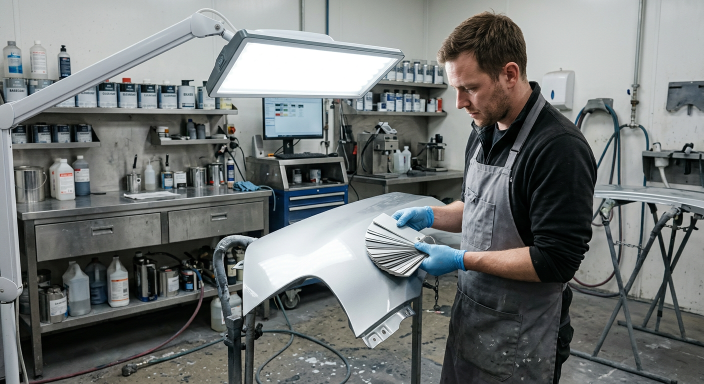 Comparing paint color samples against a silver car panel
