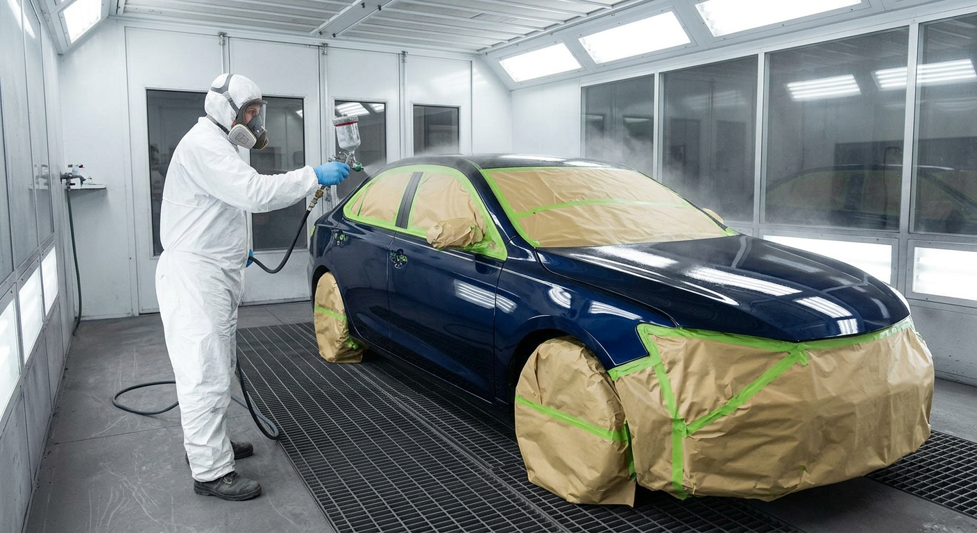 Applying clear coat to a dark blue car in a paint booth