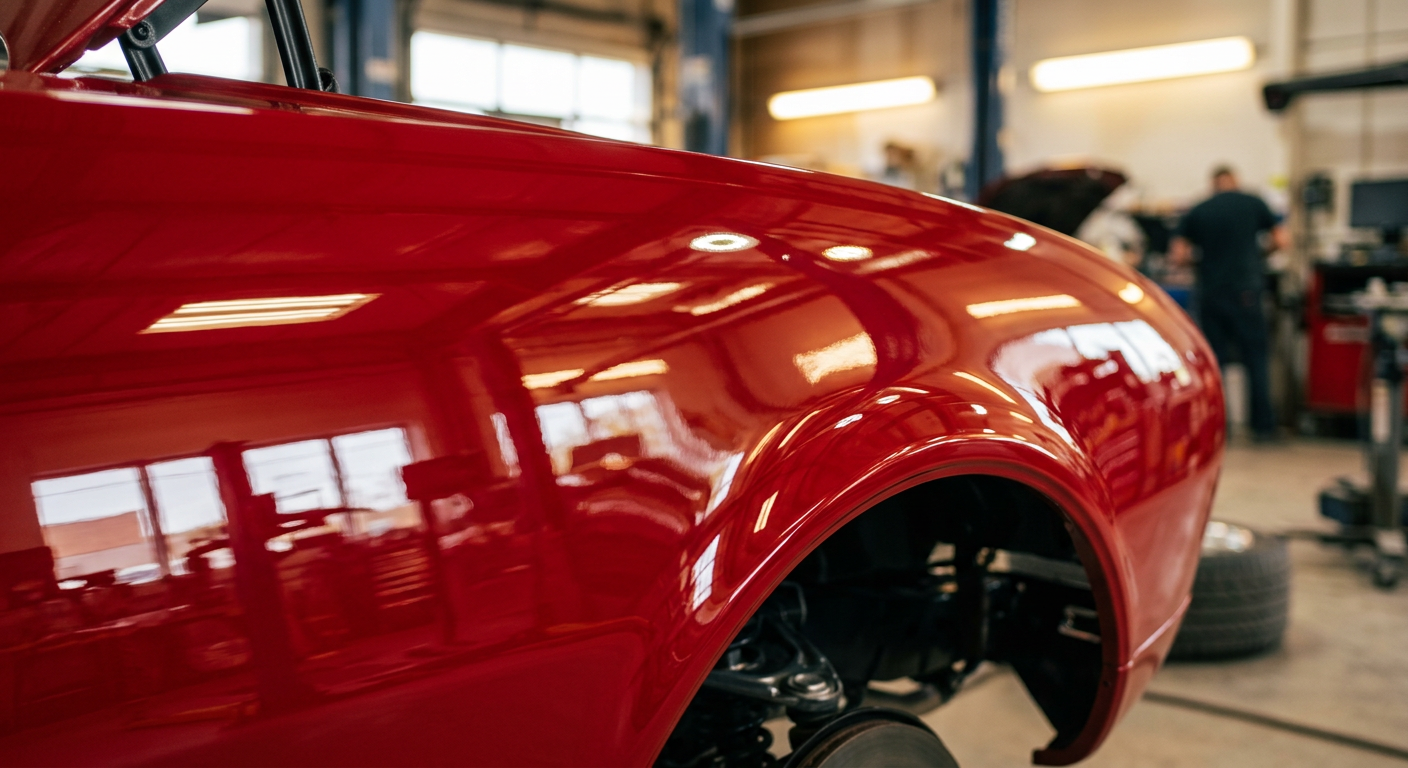 Glossy red fender after auto painting and refinishing